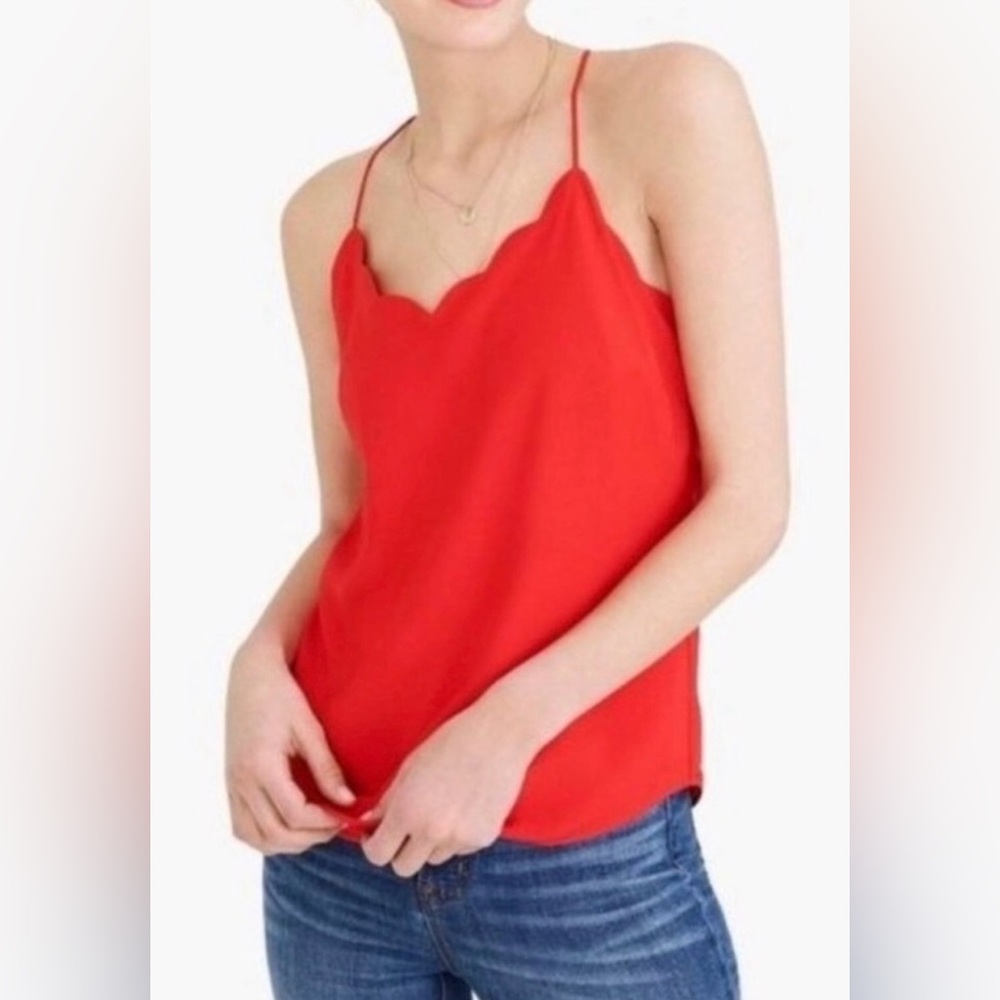 New J.CREW Scalloped Cami Tank Top Blouse Camisole Red Poppy Shirt Racerback NWT